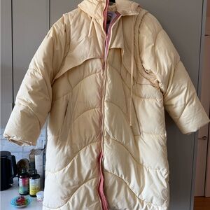Women's Butter Yellow Puffer Coat with Hood and Zip off Sleeves